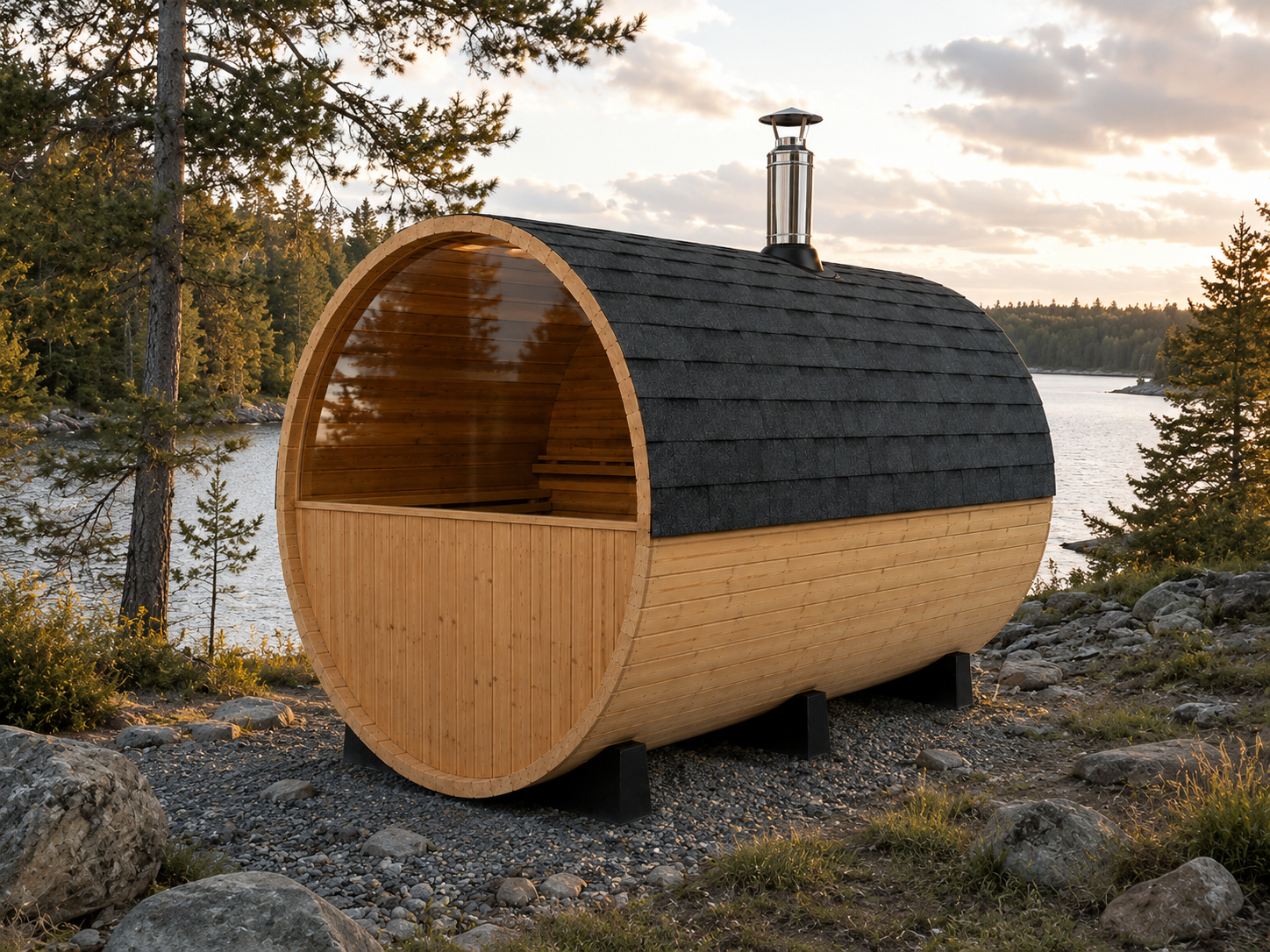 6-8 Person Outdoor Barrel Sauna + Half Glass