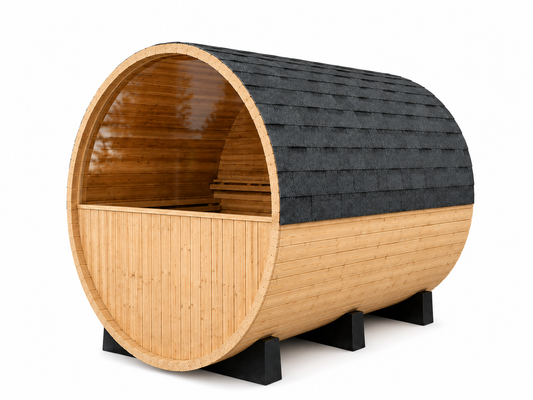 4 Person Outdoor Barrel Sauna Porch + Half Glass (Pre-Order)